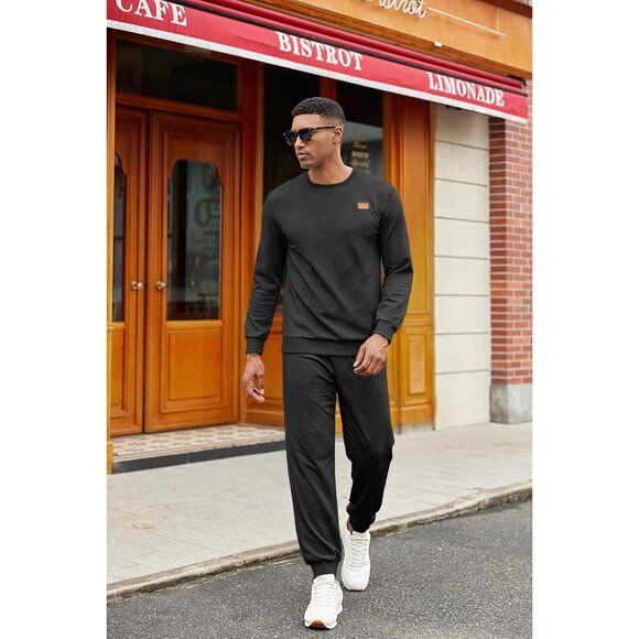 Men's 2 Piece Sweat suit Jogging Suit Sets Long Sleeve Jacquard Shirt Black - Picture 5 of 8